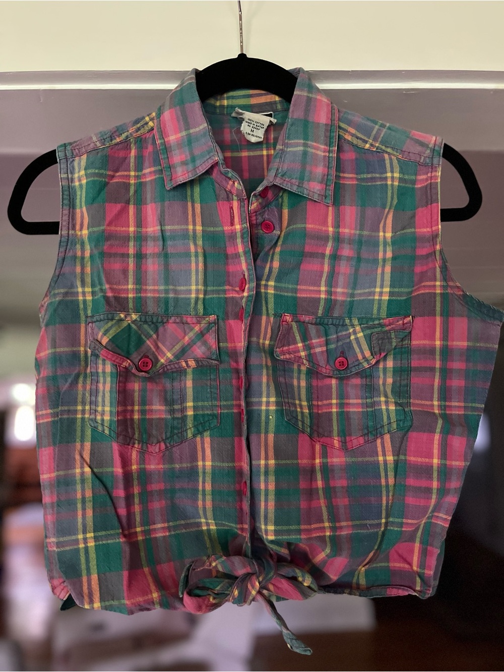 Vintage 90s Sleeveless Plaid Tie-Front Button Crop Top